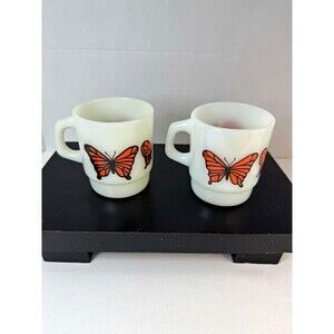 Vintage Fire-King Butterfly Milk Glass Coffee Mug Set of 2 Anchor Hocking 1970s